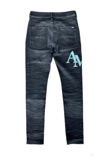 Amiri Jeans Staggered Logo Blue Crystal Faded Black