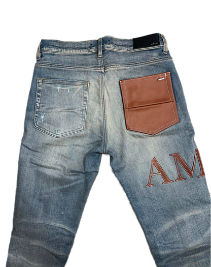 Amiri Jeans Stich Logo Blue Brown/Leather Patch